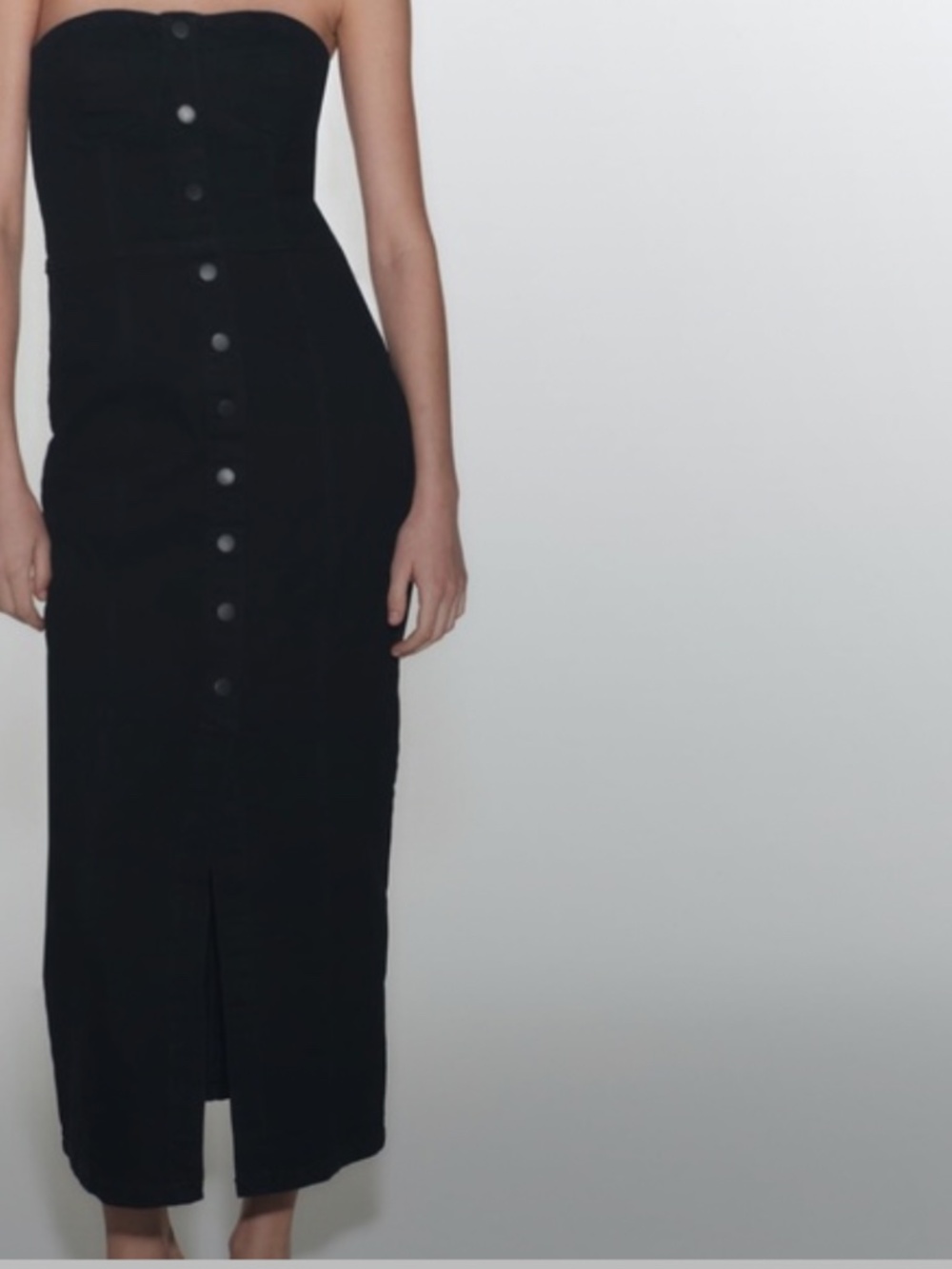 Zara Black Denim Strapless Midi Dress Button Down Corset Bodycon Slit‎ Front